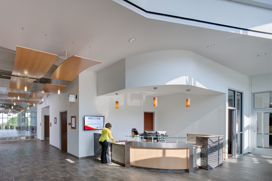 Reception desk in lobby at Benjamin Rose Institute on Aging Headquarters